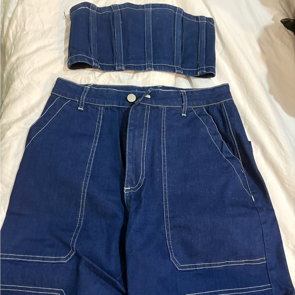 By Dyln Blue Denim Corset and Pants Set